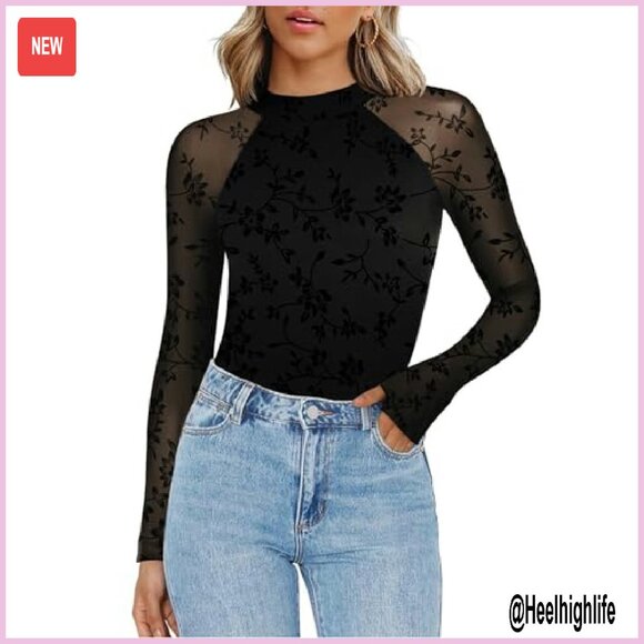 Long Sleeve Mesh Blouse Mock Neck Double Lined Fitted Top - Picture 2 of 7
